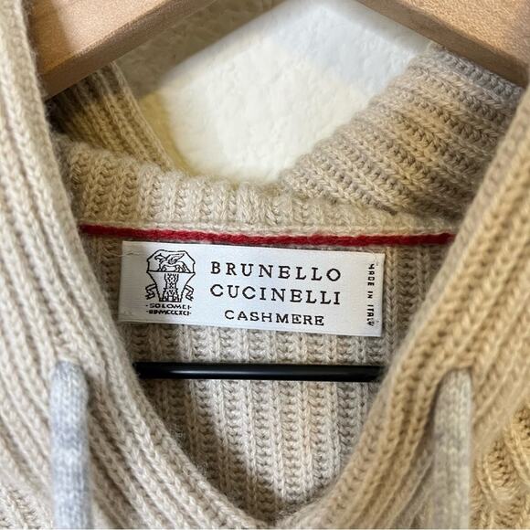 Brunello Cucinelli Ribbed Knitted Drawstring Hoodie Light Beige Mens Size XXXL - Picture 10 of 14